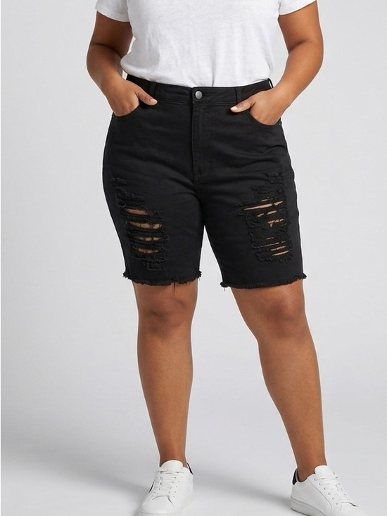 American Bazi Pants - American Bazi Black Distressed Denim Bermuda Shorts